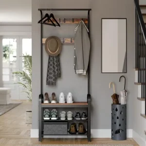 Perchero Con Banco De Zapatos Para Entrada de Hierro y Madera