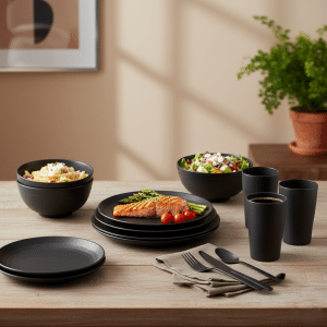 Set de Vajilla 16 Piezas Platos Vasos Moderno Negro