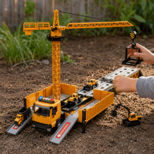 Camión Transportador de Construcción con Grúa y 6 Vehículos